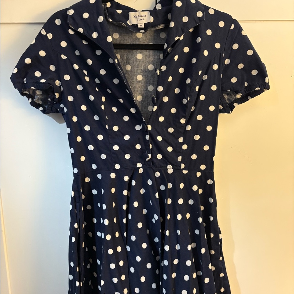 Magnolia Place Navy and White Polka Dot Swing Dress